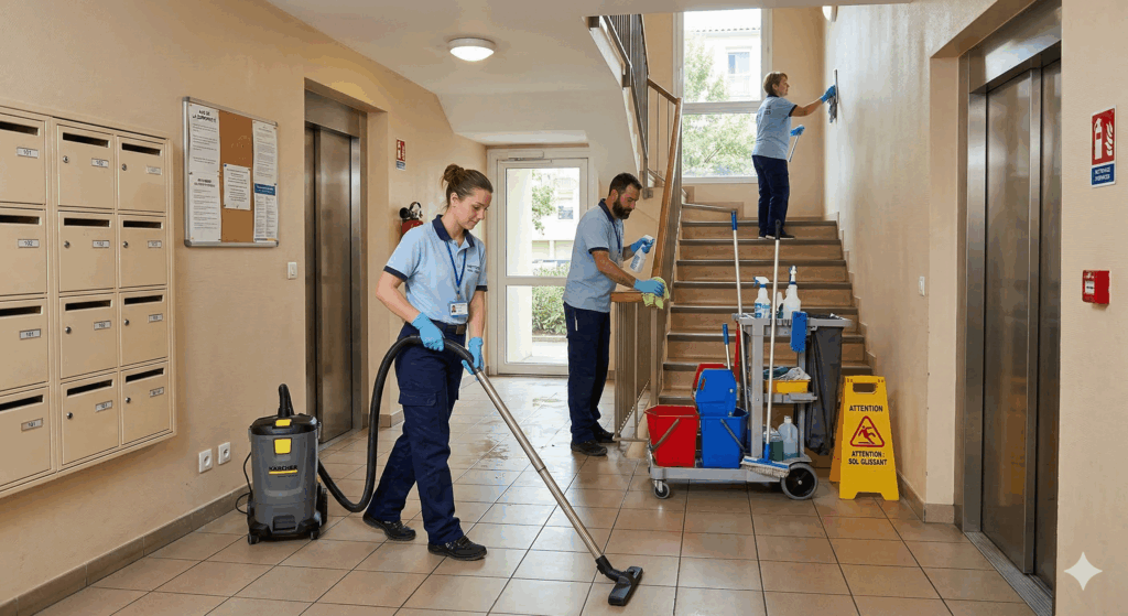 Equipe de nettoyage en train d'entretenir les parties communes d'une copropriété