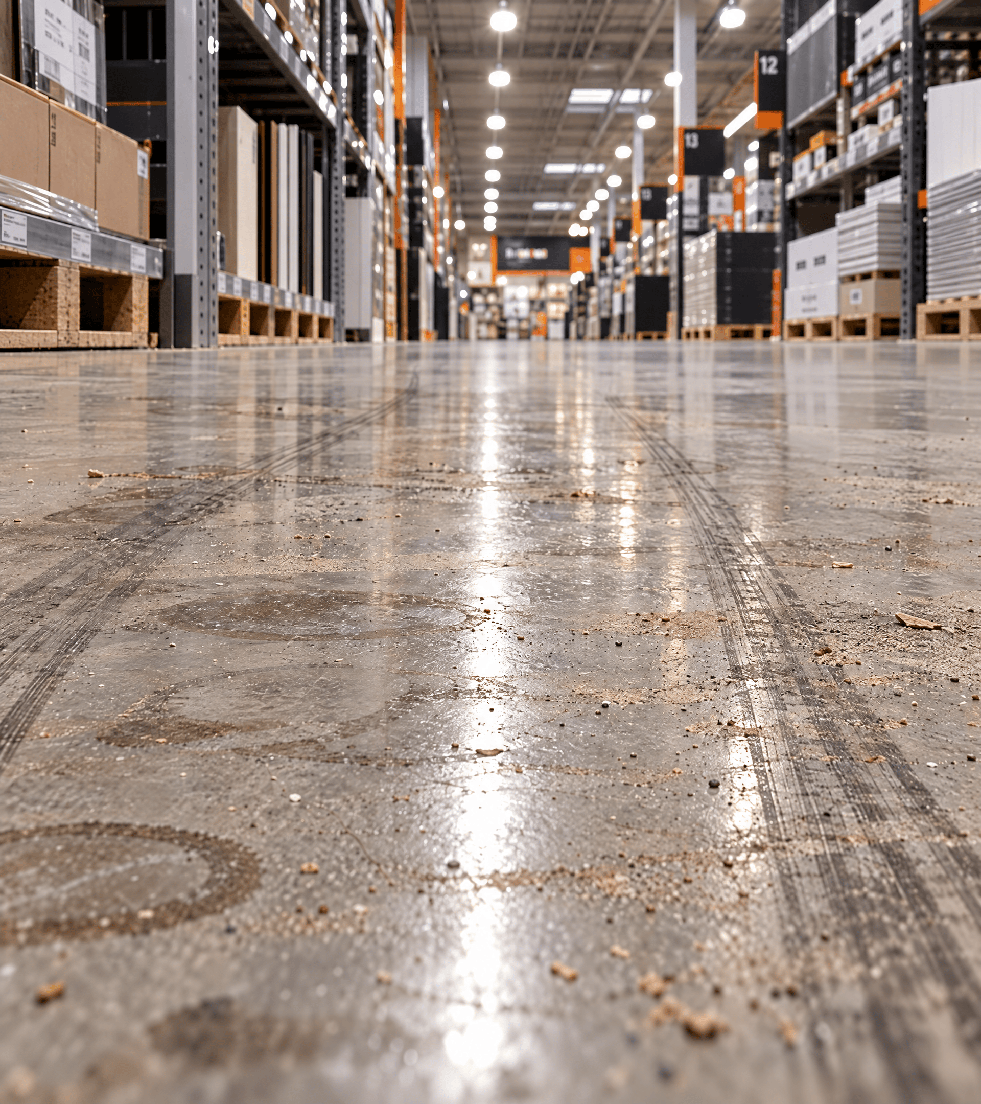 Robot Korben in the middle of the aisle, clean floor trail behind him