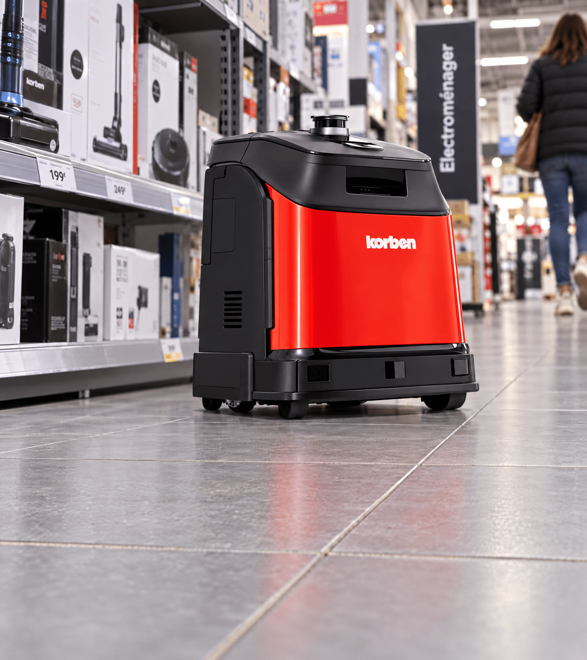 Korben cleaning robot mopping the floor of a still closed store