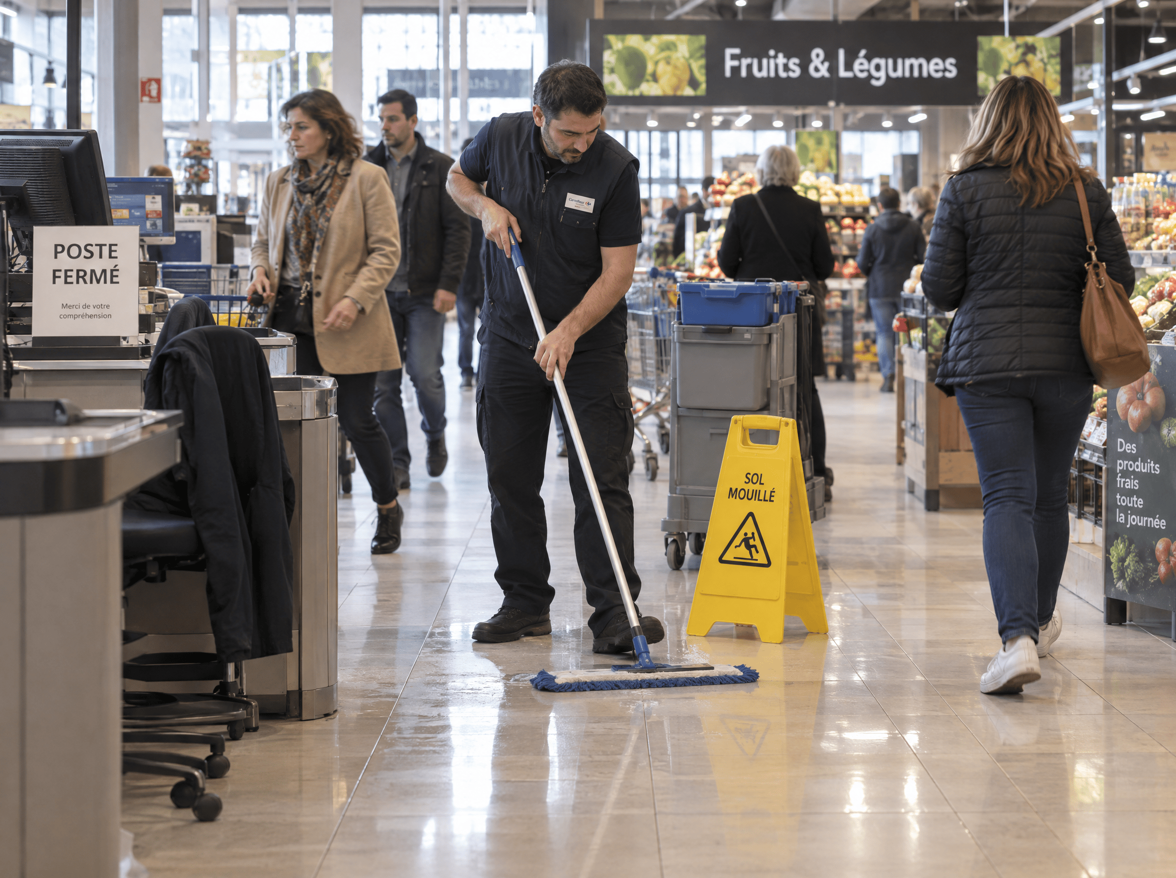 Store floor marked with wheel tracks and dust at the end of the day
