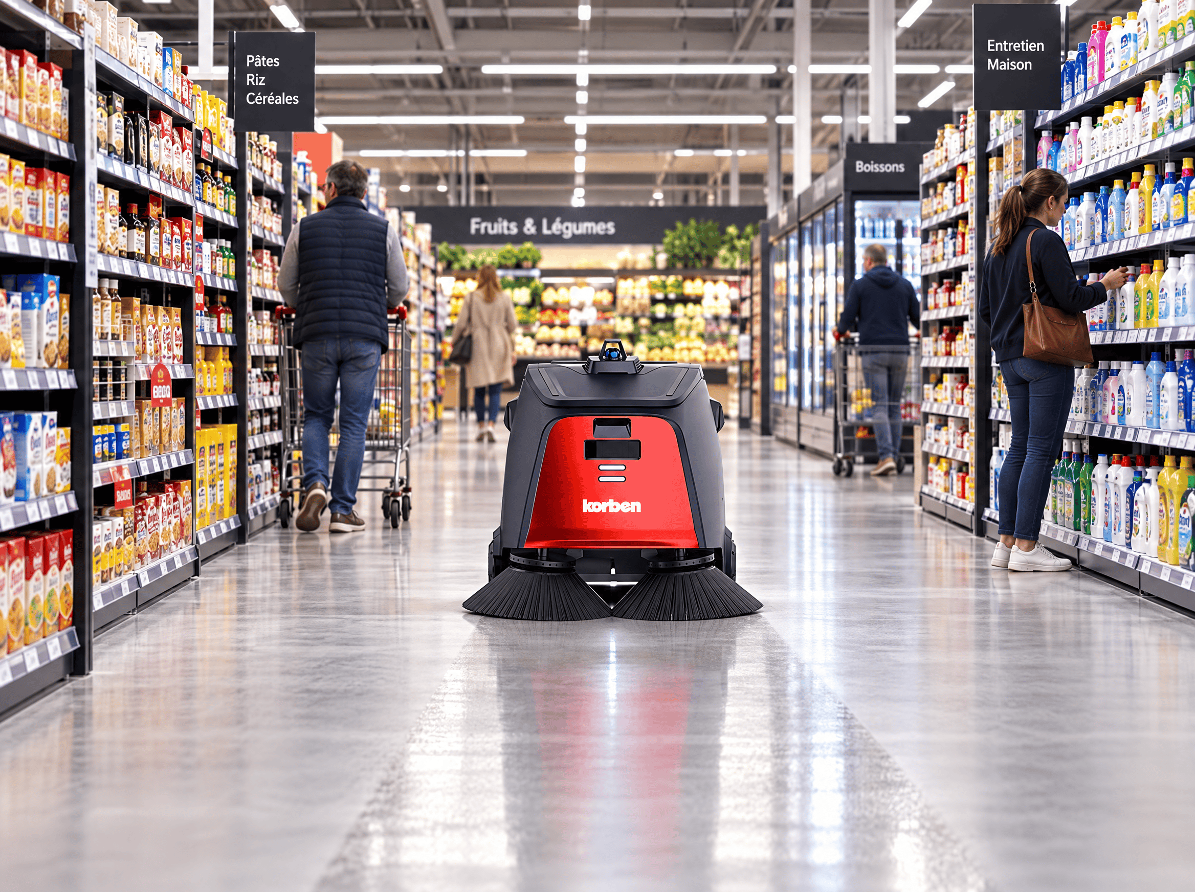 Supermarket aisle cluttered with restocking before opening