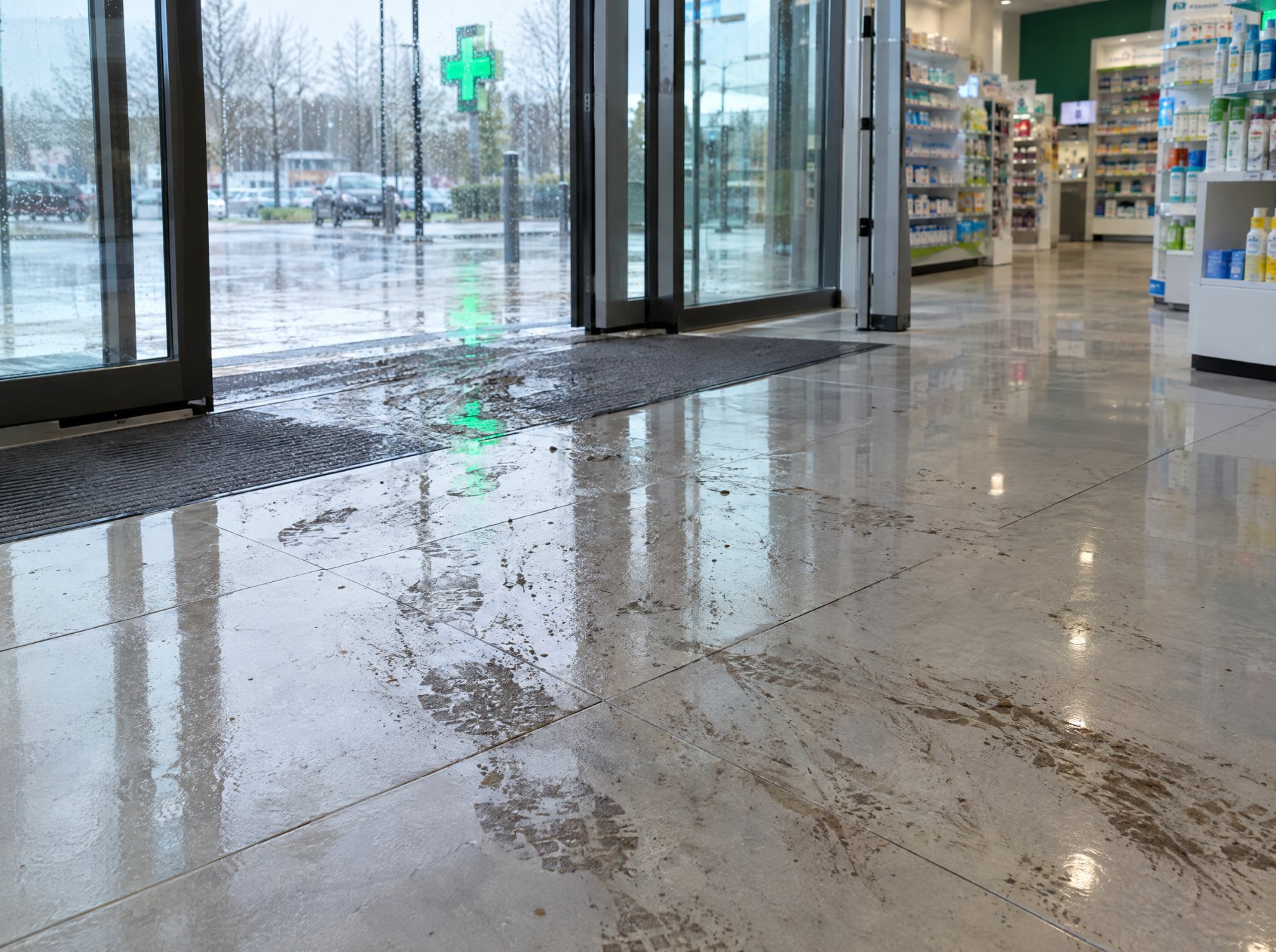 Traces de pas mouillées sur le carrelage à l'entrée d'une pharmacie un jour de pluie