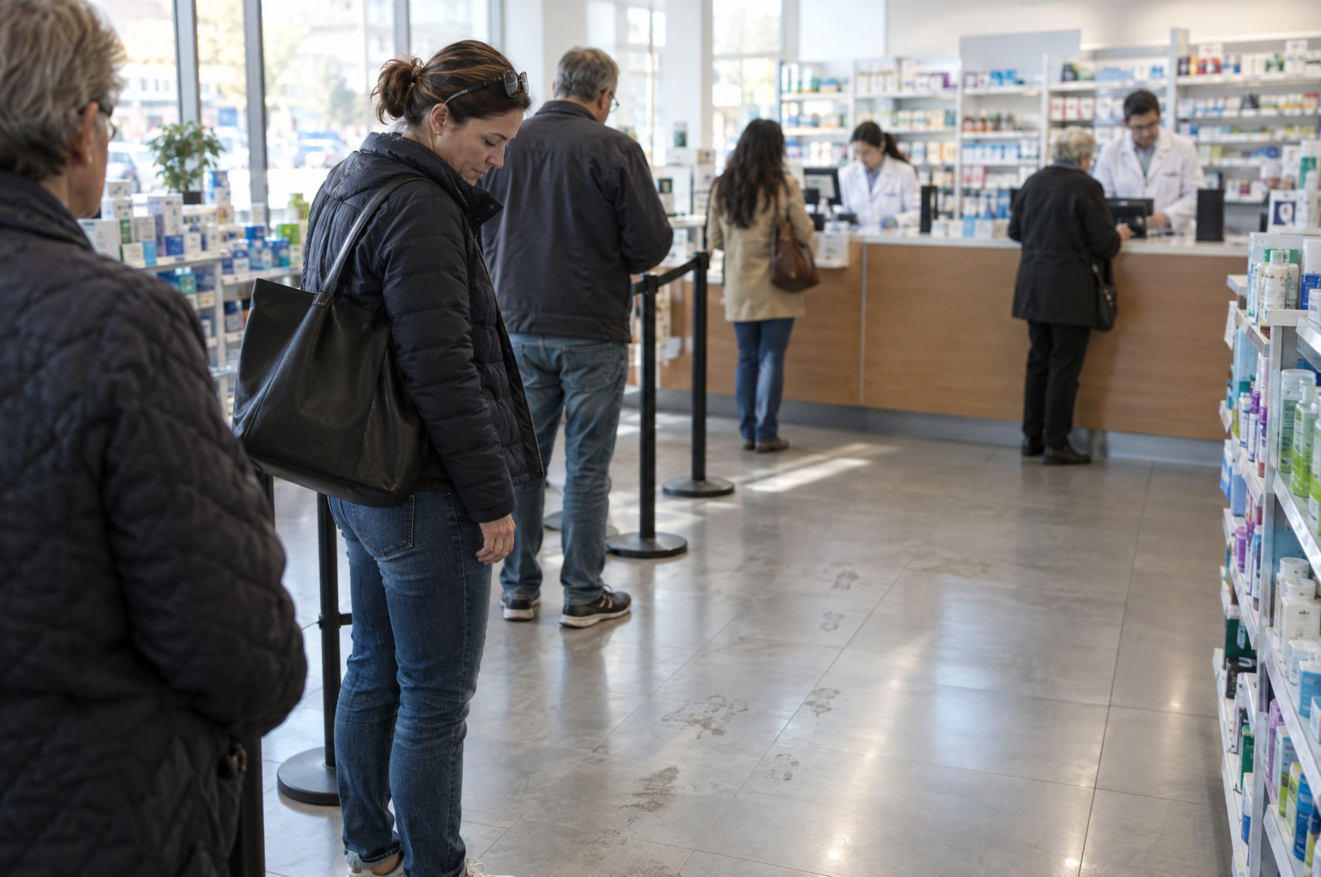 Cliente en attente au comptoir d'une pharmacie, le regard vers le sol