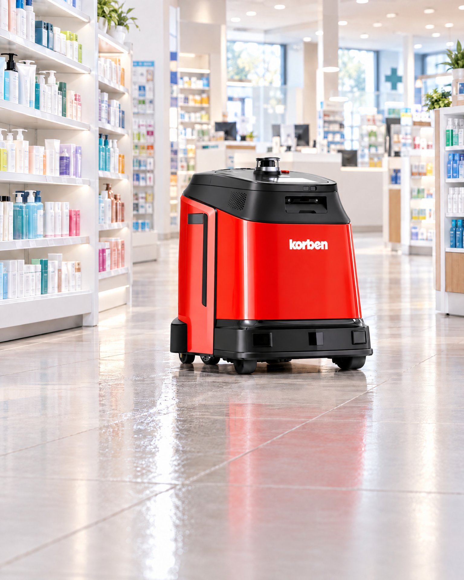 Robot de nettoyage Korben en train de laver le sol d'une grande pharmacie avant l'ouverture