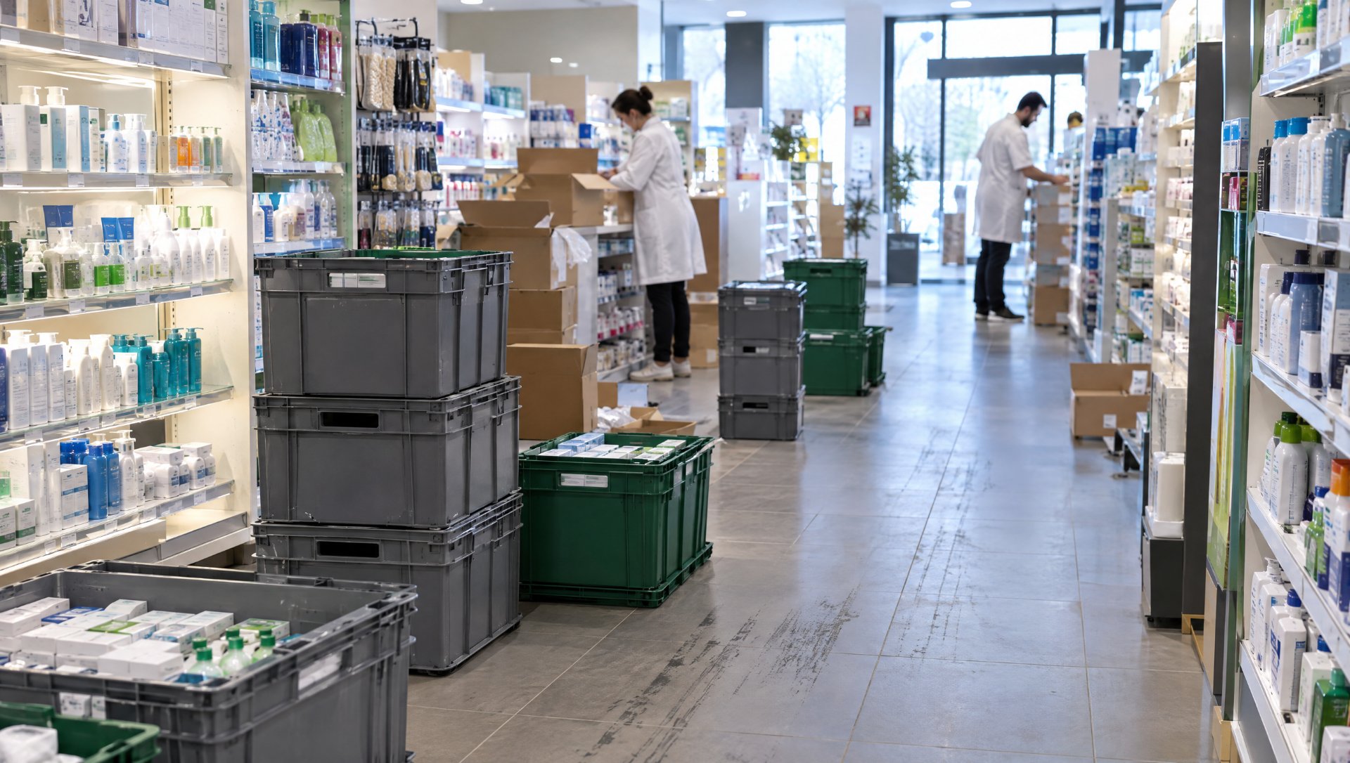Bacs de livraison du répartiteur posés au sol dans une allée de pharmacie avant l'ouverture