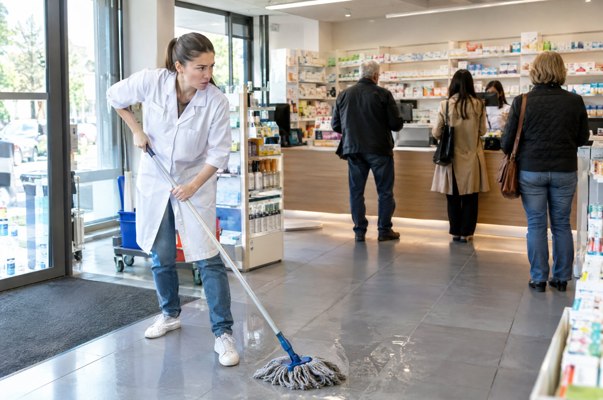 Employée de pharmacie en train de passer la serpillière pendant les heures d'ouverture