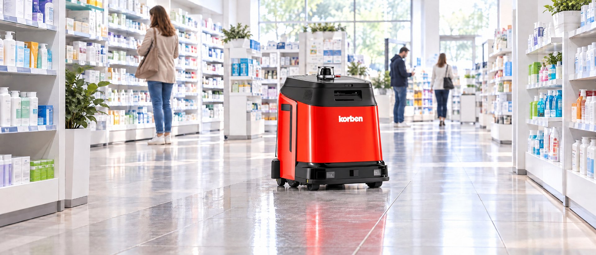Robot Korben en service dans une allée de pharmacie, trace de sol propre derrière lui