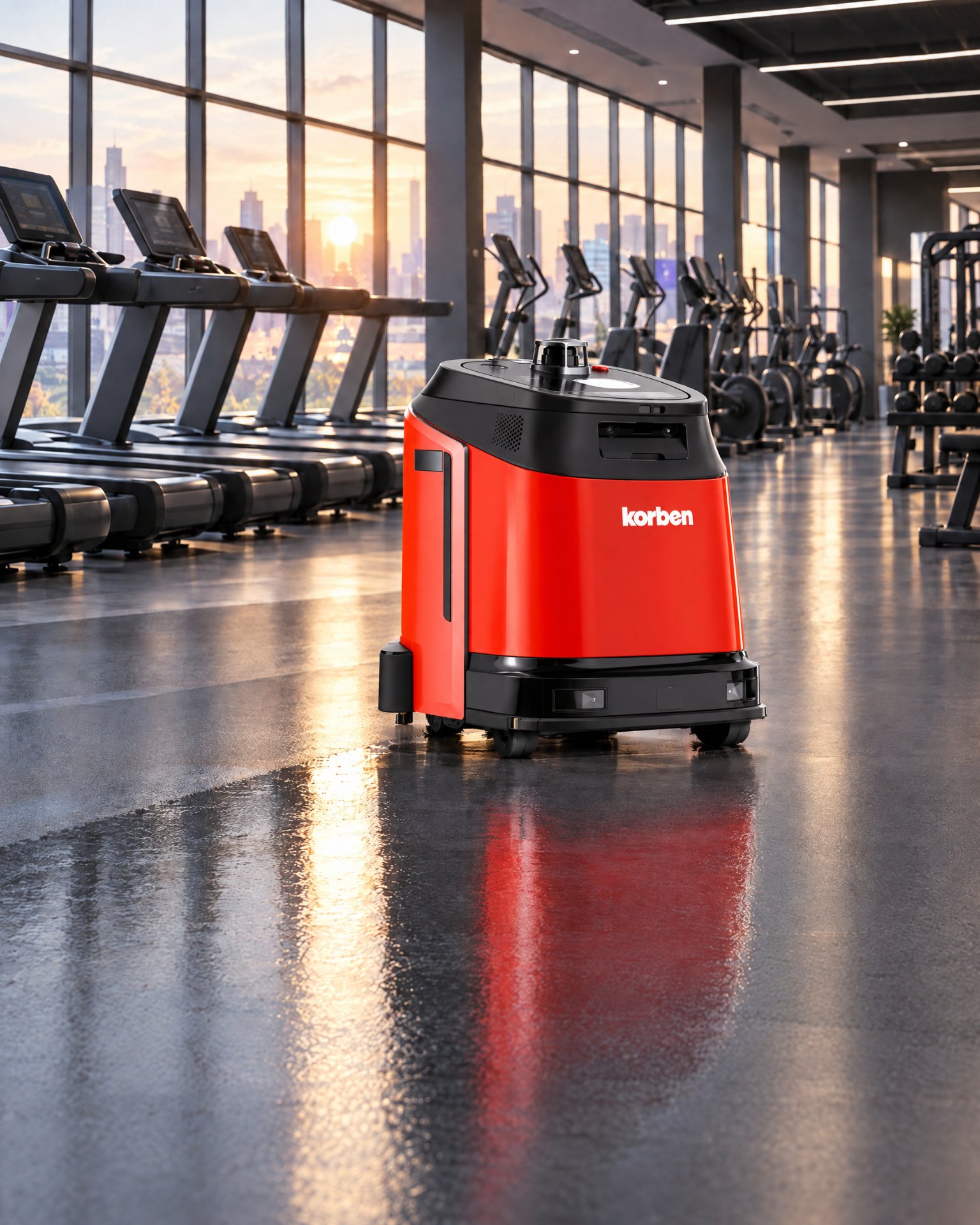 Robot de nettoyage Korben en train de laver le sol d'une salle de sport avant l'arrivée des adhérents