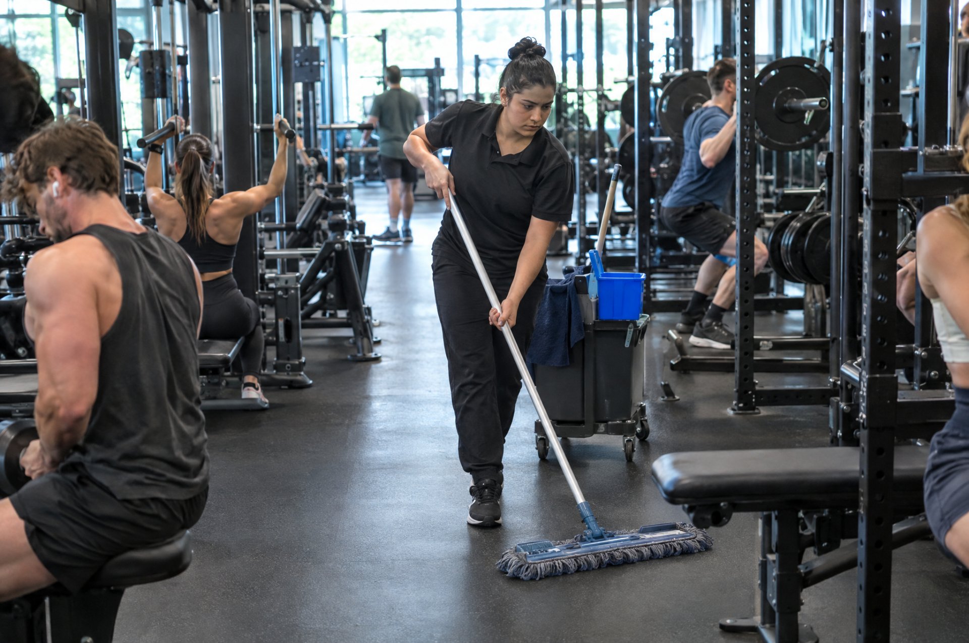 Employé de salle de sport en train de passer la serpillière entre les machines
