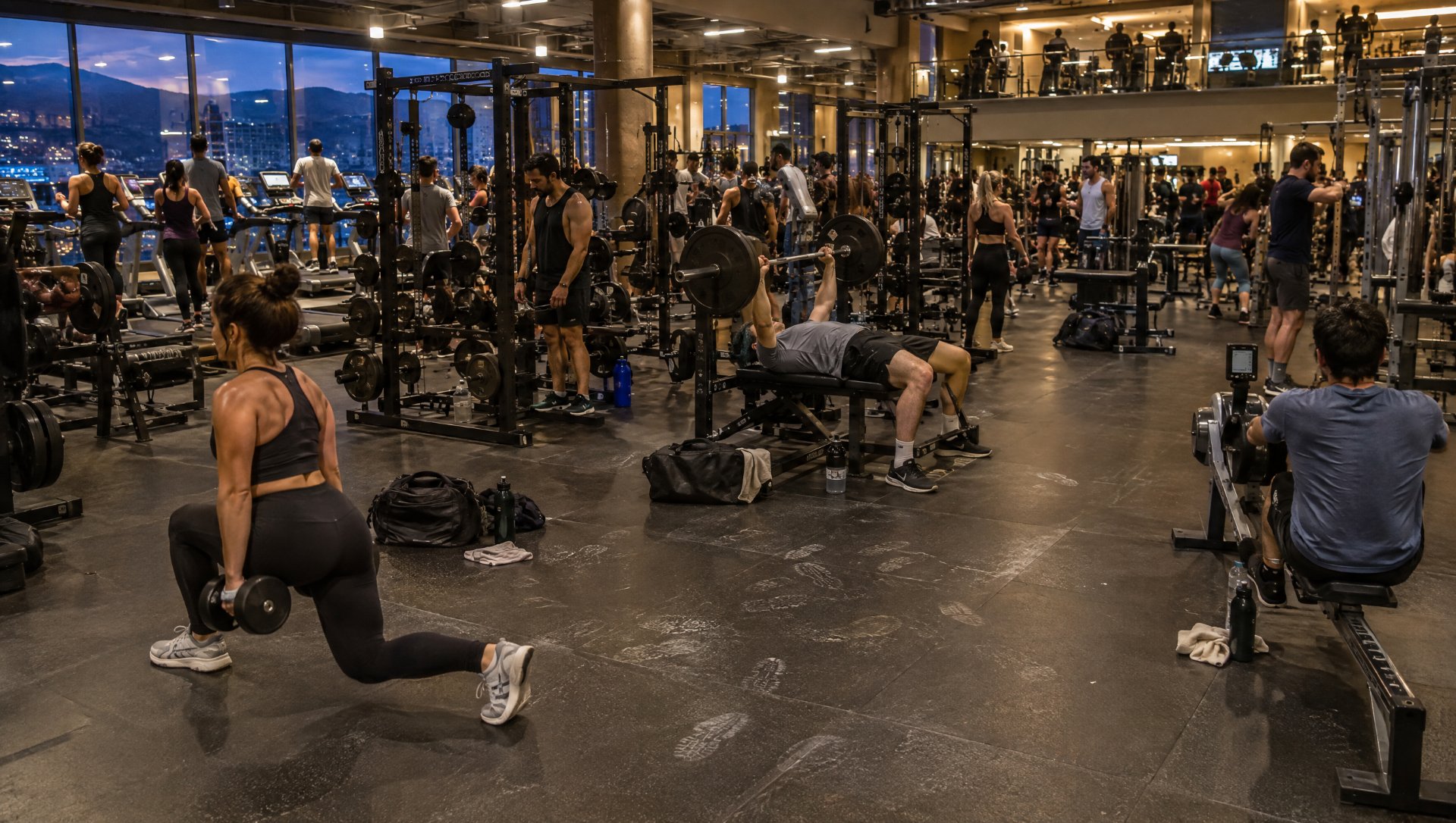 Salle de sport bondée au pic de fréquentation du soir