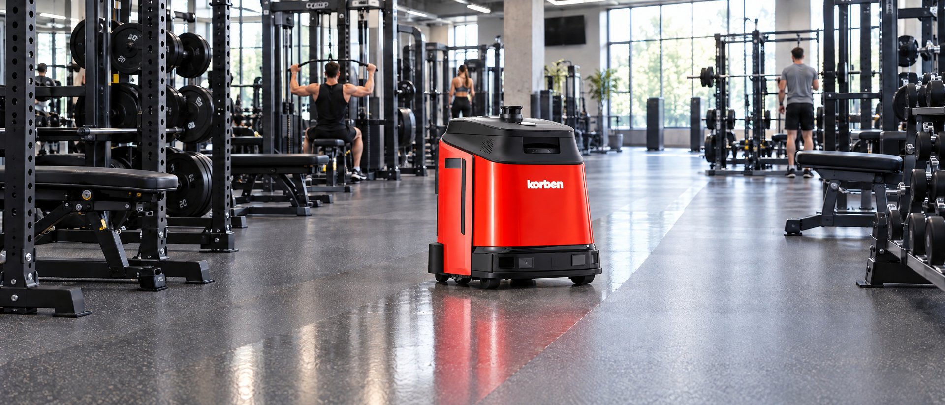 Robot Korben en service entre les machines de musculation, trace de sol propre derrière lui