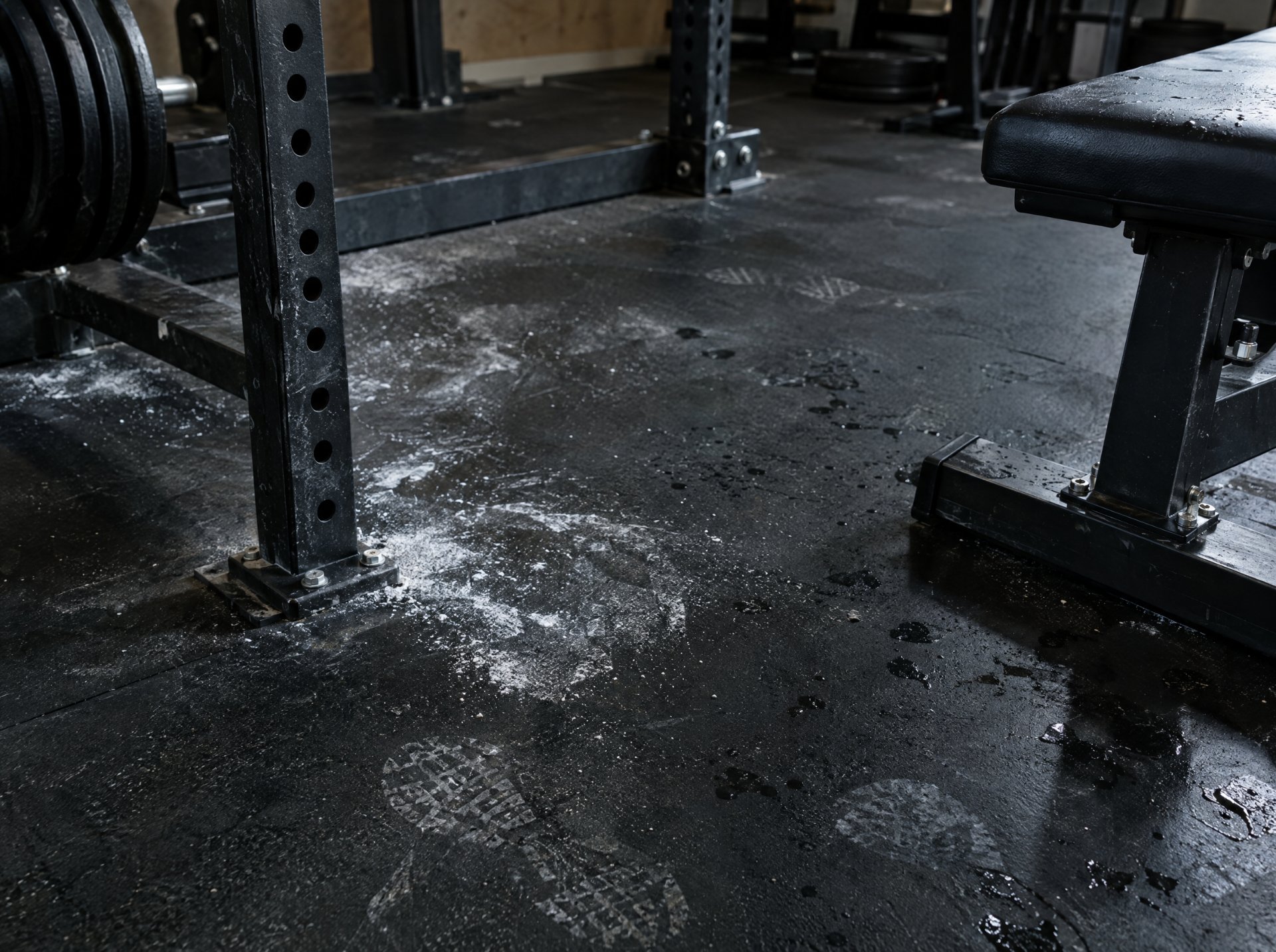 Sol en caoutchouc marqué par la magnésie et les traces de pas près d'un rack de musculation